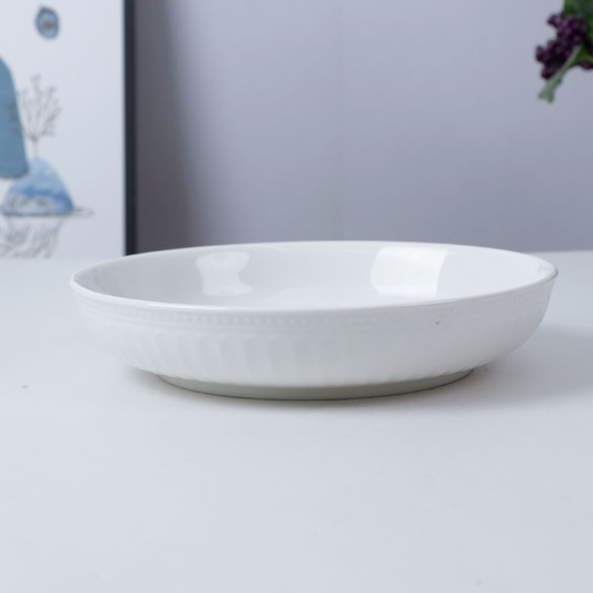 Shallow Plate Bowl – White with Subtle Rim Texture (Item No: QCHWH06)